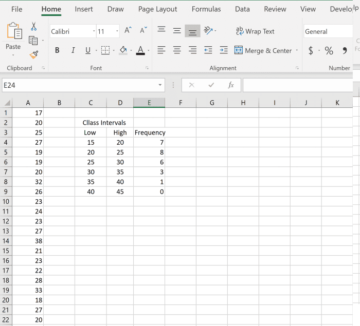 The frequencies in this case are the number of individual numbers in the data set that appears within each interval.