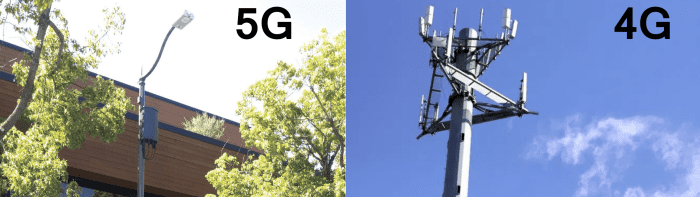 The contrast between a small 5G tower on a light pole (left) near humans and a traditional 4G tower (right) that is tall and removed from humans.