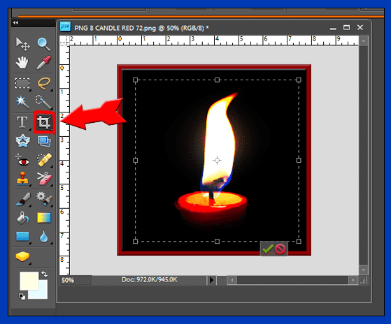 Screenshot 10. Cropping in Photoshop. Note the cropping tool icon in the panel of tools on the left side of the screen.