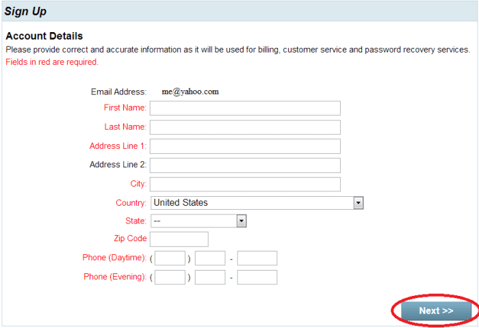Step 8: Sign up / account details page