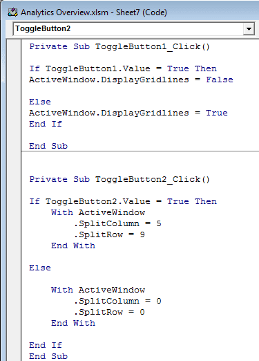 Complete code used to turn grid lines on / off and switch split screens on / off in two Toggle Buttons created in Excel 2007 and Excel 2010.