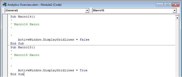 Module that contains the Visual Basic code for your Toggle Button in Excel 2007 and Excel 2010.