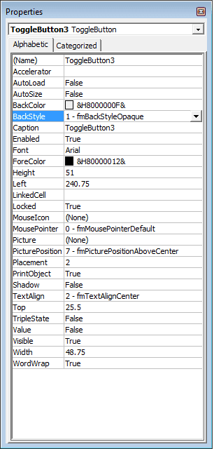 Configurable options for a Toggle Button in Excel 2007 and Excel 2010.