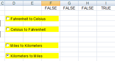 The Option (or Radio) buttons for the measurement conversion panel have been created and configured using Excel 2007 and Excel 2010.