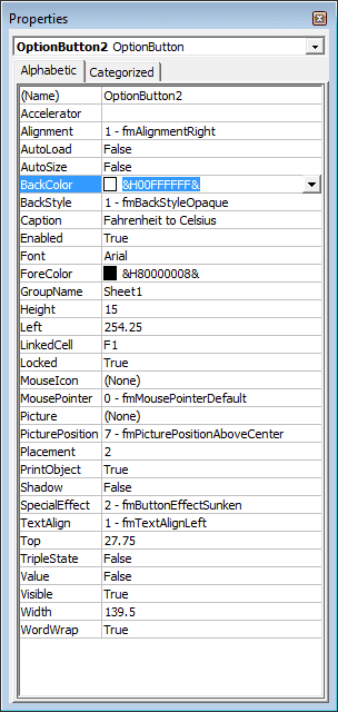 Configurable Properties Available for Option (or Radio) buttons in Excel 2007 and Excel 2010.