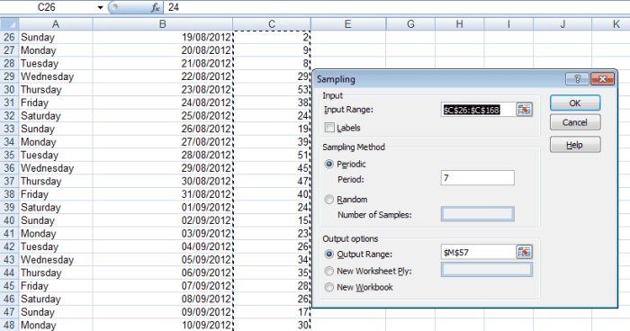 Creating a sample of data for each Saturday in the week in Excel 2007 and Excel 2010.