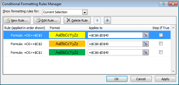 Rules created with conditional formatting using formulas in Excel 2007 or Excel 2010.