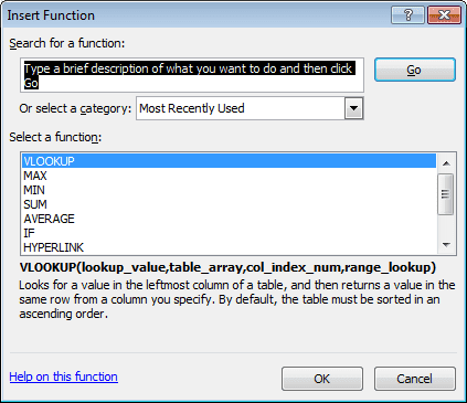 Using the Insert Function tool's search capability to find the best function for our formula in Excel 2007 or Excel 2010.