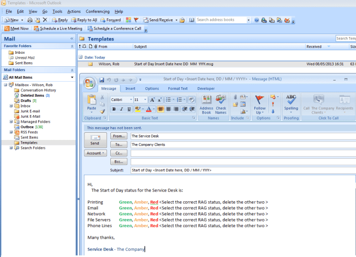Our completed template, stored in an Outlook folder in a shared mailbox ready for use in either Outlook 2007 or Outlook 2010.