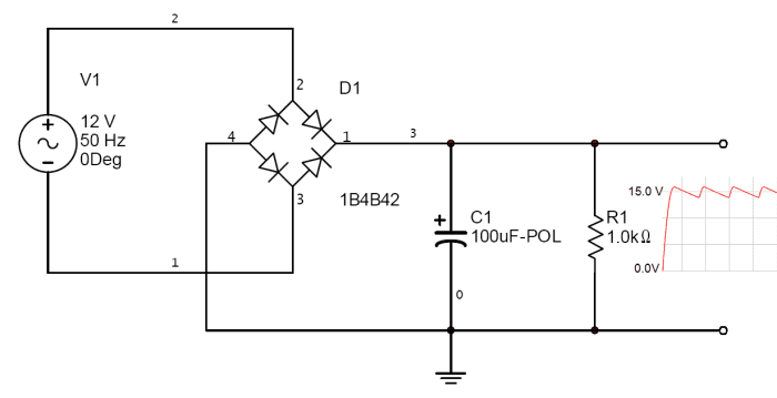A sample full-wave bridge rectifier circuit with RC filter. The filter is used to reduce the AC component of the signal.