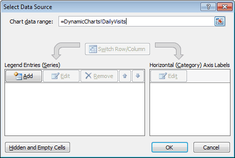 Updating the Data Source so that it uses a range defined by a formula using OFFSET and COUNTA to change a chart to a Dynamic Chart in Excel 2007 and Excel 2010.