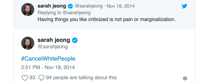 Tweets like these from Sarah Jeong caused an uproar when Twitter users dug up her old tweets.