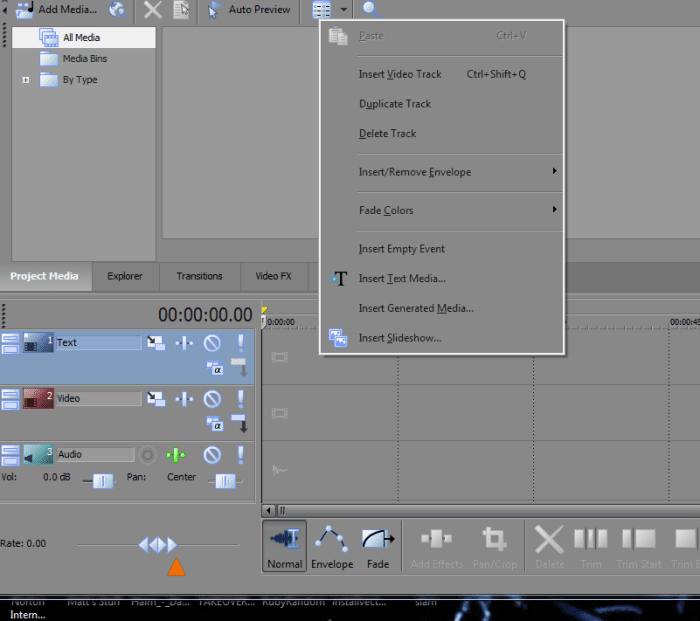 The menu options available when right-clicking in Sony Movie Studio Platinum. These options may differ in older versions of Sony Movie Studio.