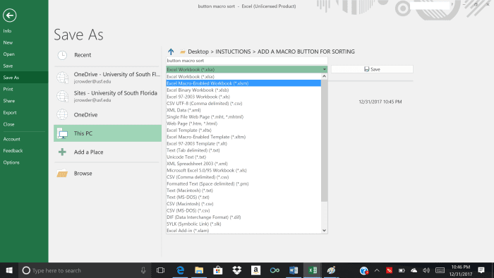 To save your document as a macro-enabled document you must use the .xlsm file extension.