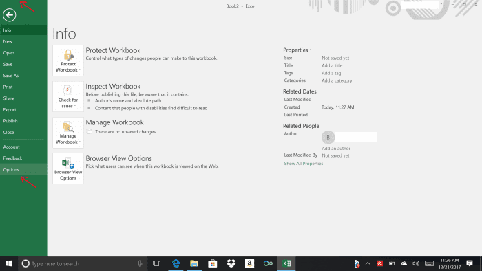 This illustration shows the file menu options screen which is the first step to adding the developer tab to an Excel workbook. Additionally, it shows where to click at the bottom of the menu to open the Excel options.