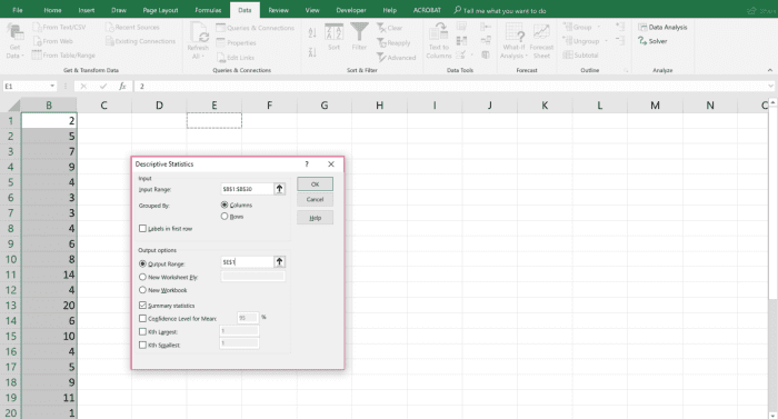 Using the Descriptive Statistics analysis tool, a report can be generated that displays univariate statistics for data in the input range. This data provides information concerning the central tendency and variability of the data used.
