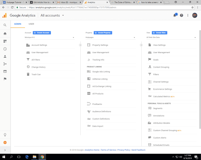 The screen where you can add new accounts (left), properties (middle) or customize what data you see (right)