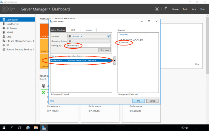 Enter the name RDSERVICES2 and click Find to locate it and add it to be managed.