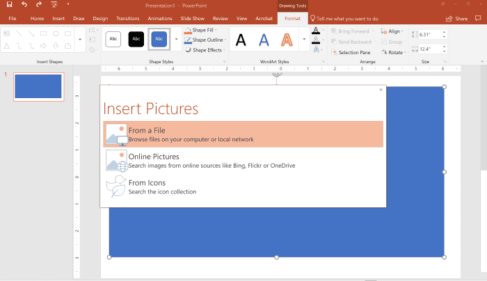 If you choose the internet, then there is a choice of using your OneDrive or searching images. If you choose from a file, you will have to upload a photo from your computer file directory.