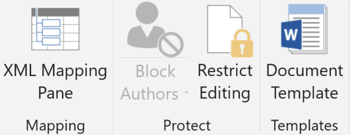 Show above are the Mapping, Protect, and Templates sections of the developer tab in Microsoft Word.