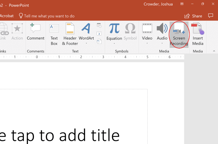 The screen recording option can be found on the right side of the ribbon under the insert tab in the section labeled media. In this same section, there is an option that will let you record just audio.