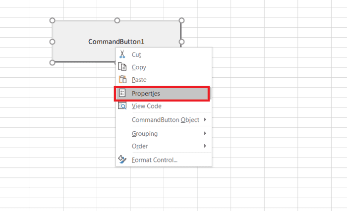 Select the command button properties to make changes to the button. There are a variety of changes that can be made to a button including changing the text that appears,