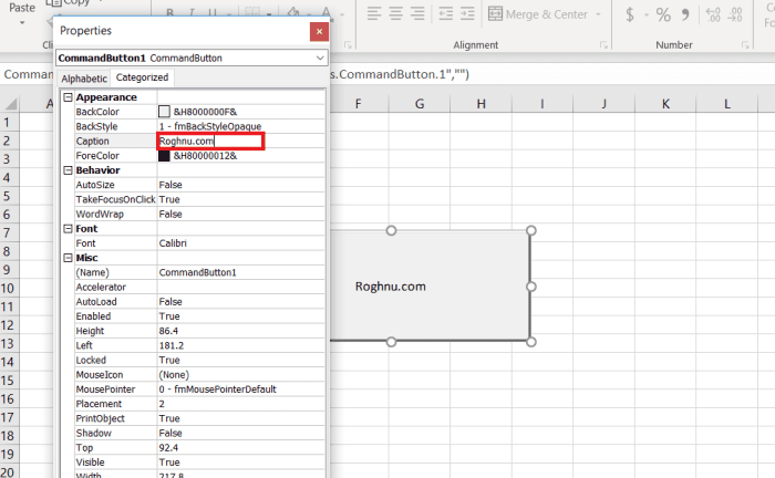 The caption property controls what is displayed on the face of the button. Several other button attributes can be changed in the properties area.