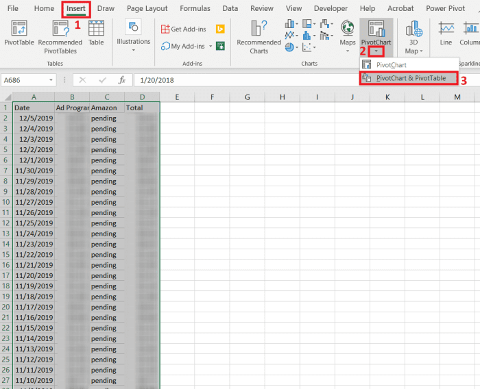 It's not mandatory to select the range of data to be used in the PivotTable in this step. This can wait until the create PivotTable window appears where the select a Table/Range option can be utilized.