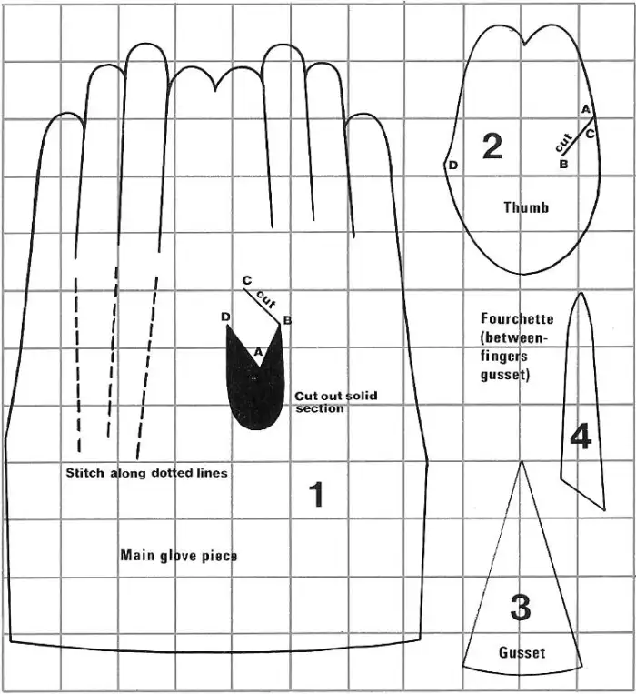 an Image of a sewing pattern for leather gloves that consists of different pieces. Oval for the Thumb, two hands without thumb for the trunk and things called fourchettes. These are tiny pieces to put between the fingers