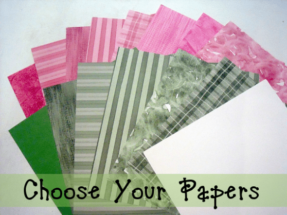 To start, you will need a sheet each of pink, green and white scrapbook paper, plus a small piece of scrap black paper for the seeds.