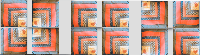 These three arrangements suggest a border strip between Log Cabin squares, but they are not necessary if you prefer them directly next to each other. Your beginning square (mine with the heart) can face any direction you like.