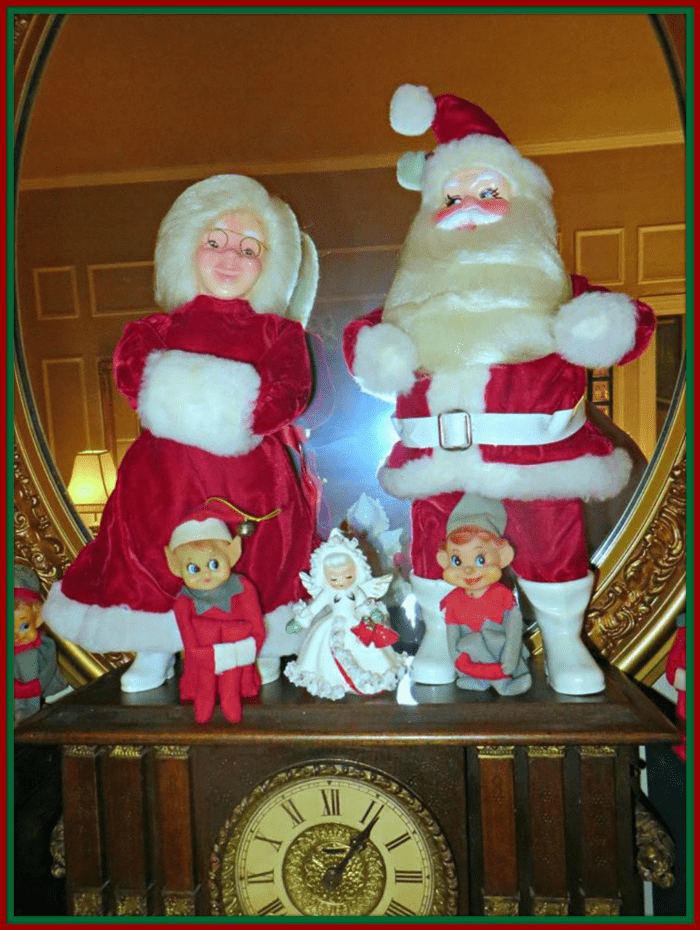 Santa and Mrs. Claus are so happy to be out of that box and over a nice warm fireplace ... These tow are so fun to display together on the mantle at Christmas time.