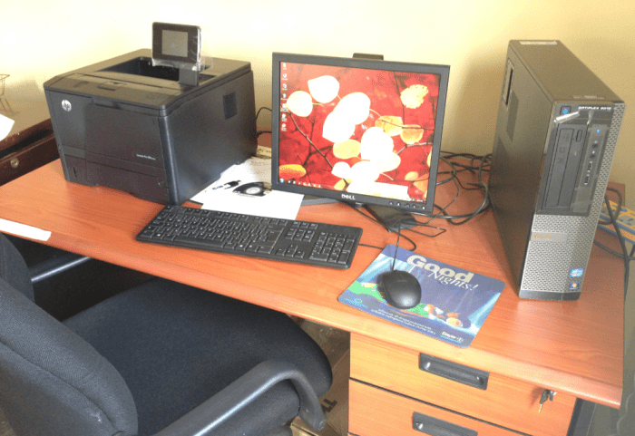 A typical installation of computer hardware component includes a monitor, a computer, a keyboard, and mouse.