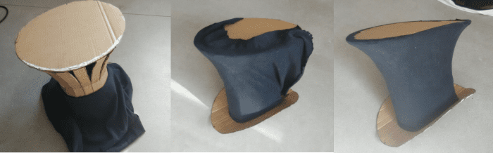 Fitting the cloth around the cardboard form is an enjoyable process. Here you will discover how the form design actually helps to spring the fabric tight and becomes extremely strong but is still lightweight.