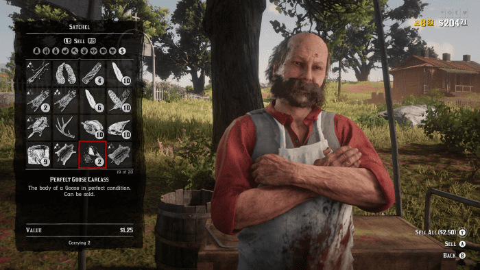 An example of the Butcher shop interface. The result of about 45 minutes worth of hunting while traveling from one side of the map to the other. Results will vary, but prices remain the same.