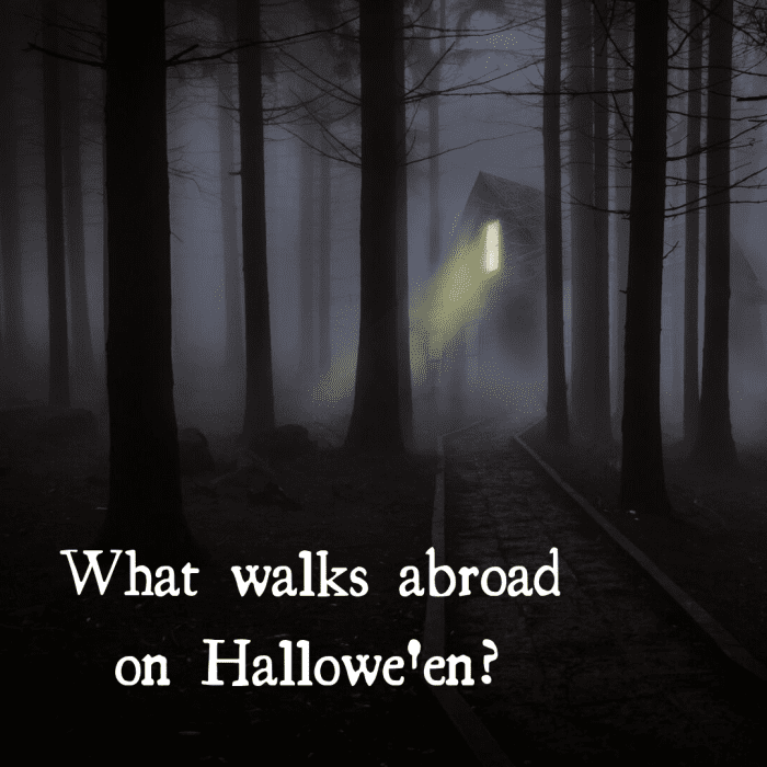 What walks abroad on Hallowe’en? Answer: witches, ghosts, goblins, demons, vampires, the ancestors, the dead (and similar).
