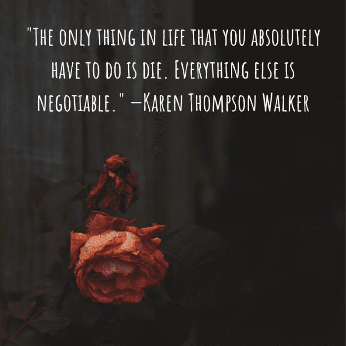 "The only thing in life that you absolutely have to do is die. Everything else is negotiable." —Karen Thompson Walker