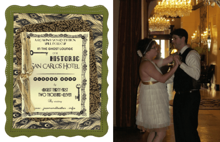 A scan of our wedding reception invitation (left) inspired by our historic 1920s hotel venue. My husband and I are dancing (right).
