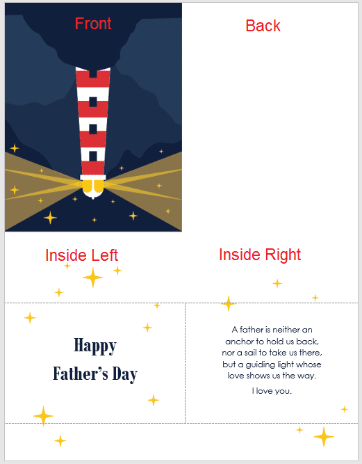 This image shows the layout of the card with annotations of where each section will be after it's folded.