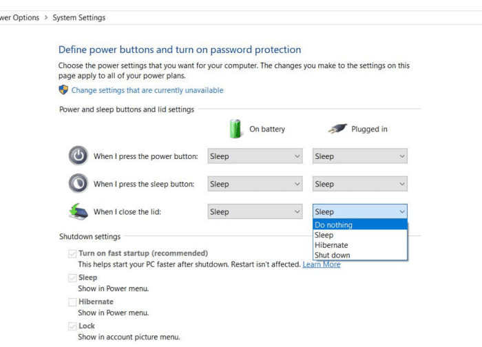 Step 5: Open the drop-down menu under "plugged in" and select "do nothing."
