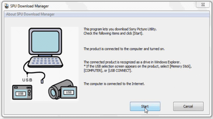 You have to connect your Sony audio or video device to your computer before you can enter the SPU Download Center.