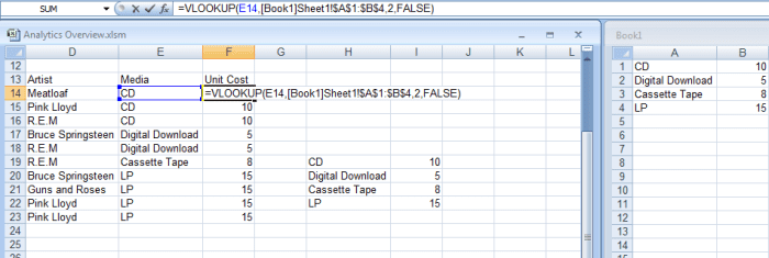 Illustrating a VLOOKUP formula using two workbooks in Excel 2007 and Excel 2010.