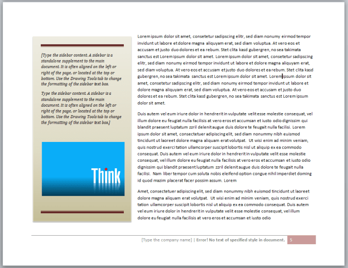 A pre-formatted sidebar placed on a page. I also found a pre-formatted footer with the same color (looks coordinated). Sidebars are good places to add graphics. In this case, an inserted image is placed right on top of the text box (looks embedded).