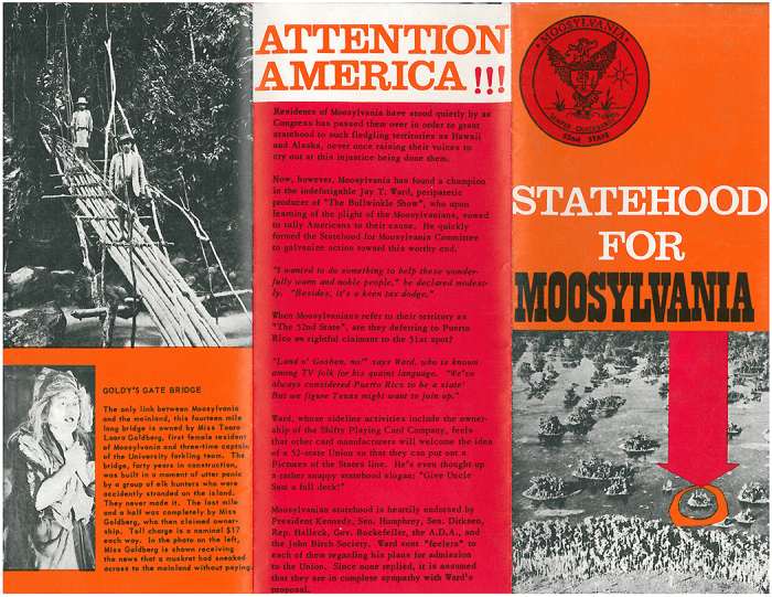 The cover to one of the brochures handed out to help raise awareness of Moosylvania's petition for statehood