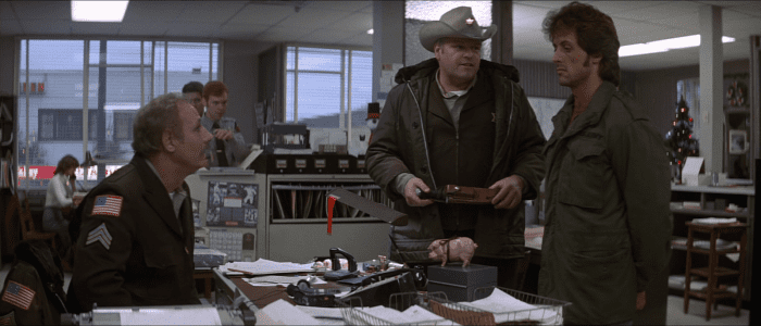 Stallone's Rambo (right) is portrayed as a misunderstood vagrant instead of the one-man war we all know he is.