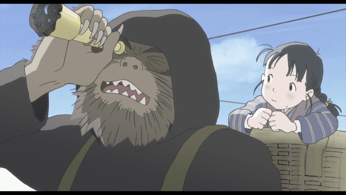 A young Suzu regales her younger sister Sumi with a fanciful tale of her escape from a hairy monster in Hiroshima.