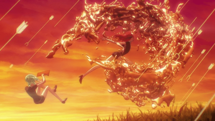 Cinnabar, the most fragile of all the gems, saves Phos from a barrage of arrows with a mercury shield.