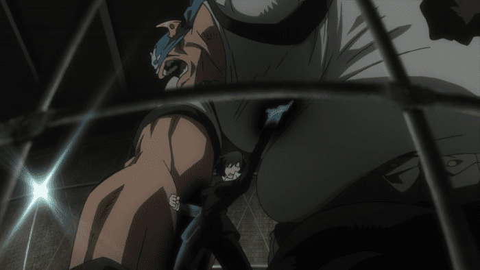 Werewolf Bureau member Chain takes care of an oversized thug by phasing her arm into his body, giving him a sudden heart attack.
