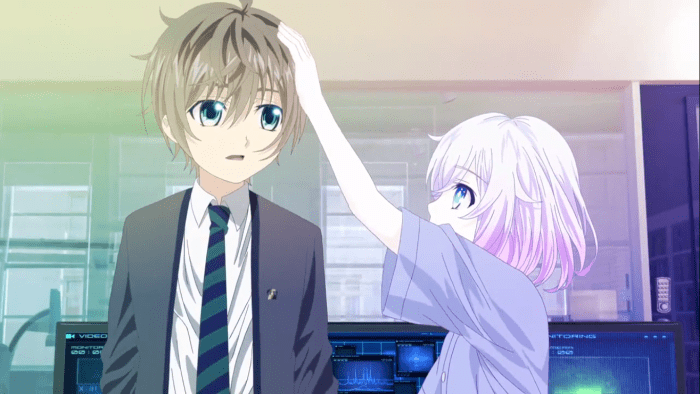 Koyori comforts a distressed Tazuna after Professor Makihara debriefs him about his current situation.