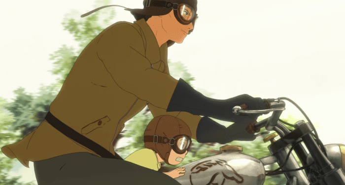 In another vision, Kun rides a motorcycle with his man's-man great-grandfather, helping him to overcome his fear of bicycle training.